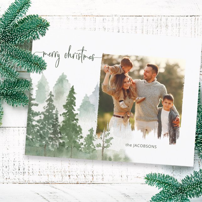 Watercolor Woods Christmas Calligraphy Photo Holiday Card (Creator Uploaded)