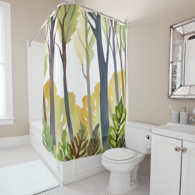 Watercolor Woods | Green Nature Forest Painting Shower Curtain (In Situ)