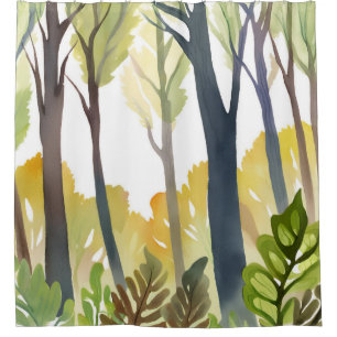 Watercolor Woods   Green Nature Forest Painting Shower Curtain