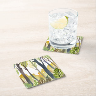 Watercolor Woods Green Nature Forest Painting Square Paper Coaster