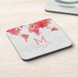 Watercolor World Map Destination Wedding Monogram Coaster<br><div class="desc">Watercolor World Map Destination Wedding Coasters with MOVEABLE HEART LOCATION just click the customise further link to position your heart  ~ Check my shop to see the entire wedding collection with this design!</div>