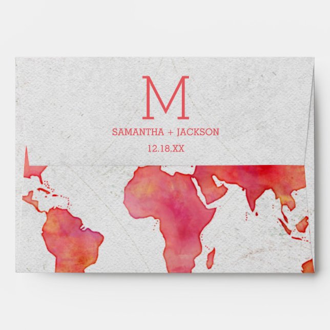 Watercolor World Map Destination Wedding Monogram Envelopes (Back (Top Flap))