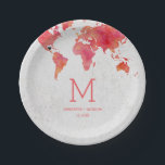 Watercolor World Map Destination Wedding Monogram Paper Plate<br><div class="desc">Watercolor World Map Destination Wedding Paper Plates with MOVEABLE HEART LOCATION just click the customise further link to position your heart ~ Check my shop to see the entire wedding collection with this design!</div>
