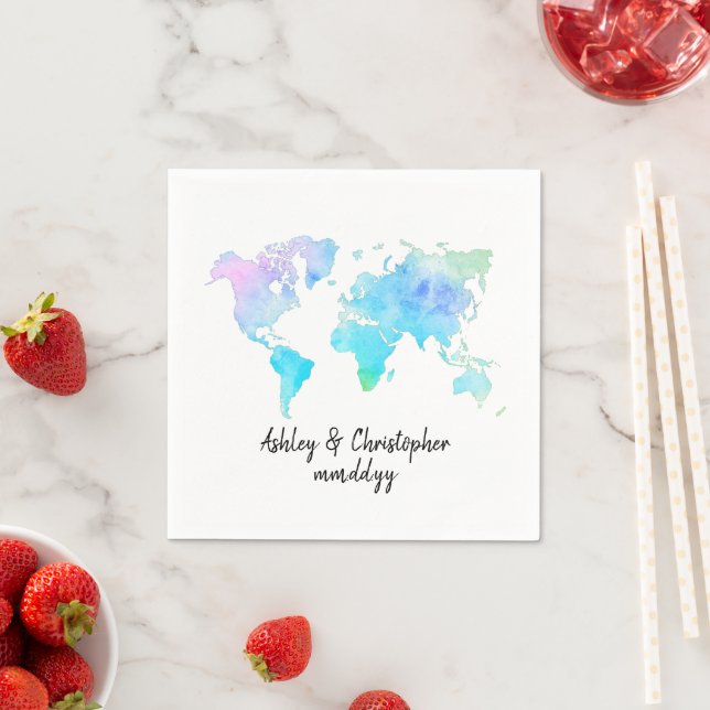 Watercolor World Map Personalised Couple Serviette Napkin (Insitu)