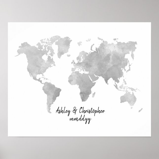Watercolor World Map Wedding Guest Book Print (Front)