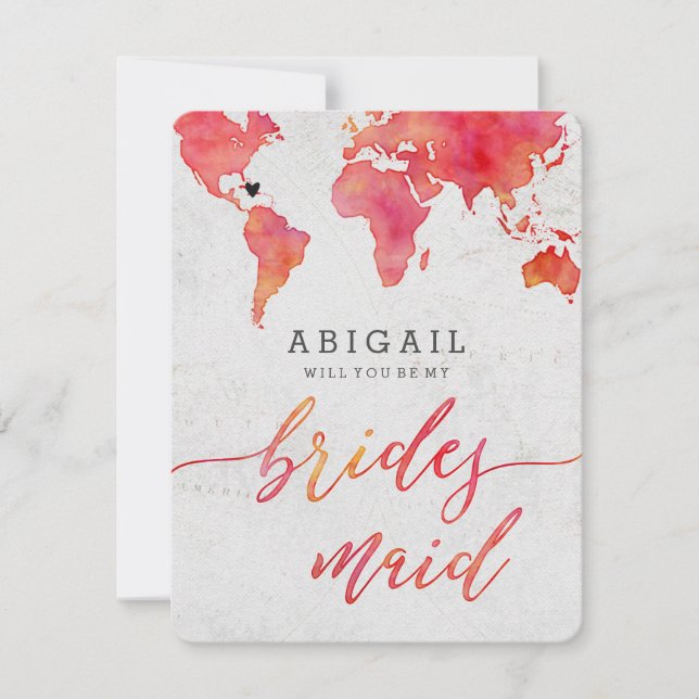 Watercolor World Map Will You Be Bridesmaid Invitation (Front)