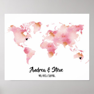 Watercolor World Map with removable hearts couples Poster