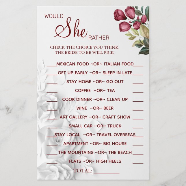 Watercolor Would She Rather shower game card (Front)