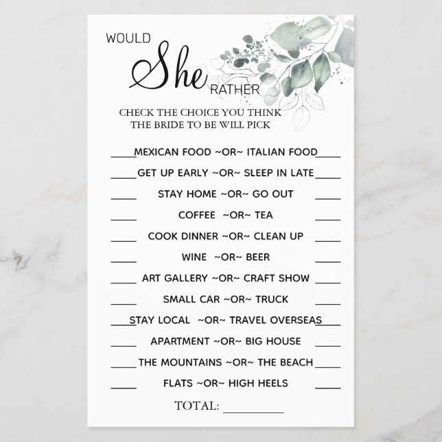 Watercolor Would She Rather shower game card (Front)