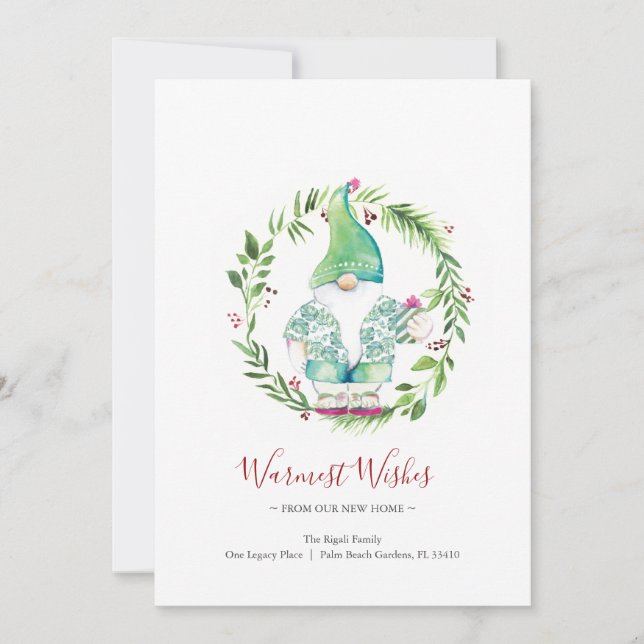Watercolor Wreath and Gnome Holiday New Address (Front)