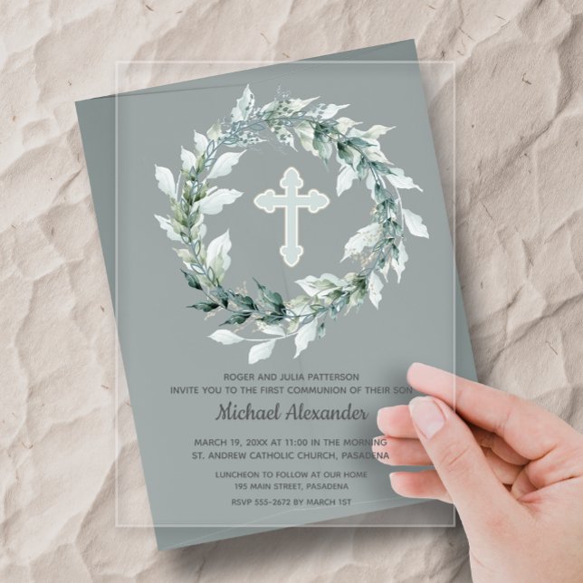 Watercolor Wreath Blue Cross First Communion Acrylic Invitations (Watercolor leaf wreath blue cross first holy communion clear acrylic invitations)
