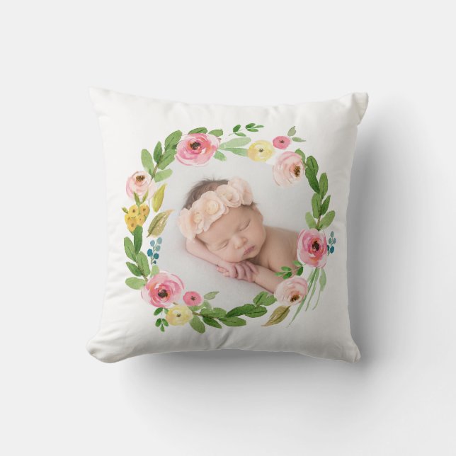 Watercolor wreath blush pink personalised photo cushion (Front)