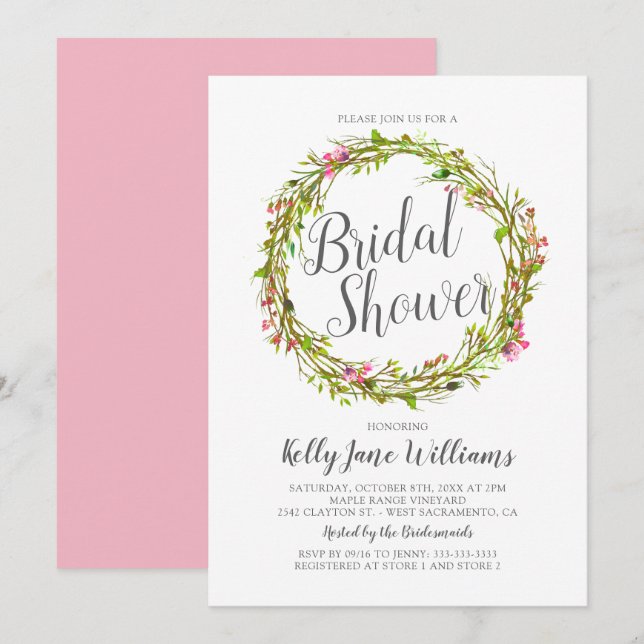 Watercolor Wreath Boho Chic Bridal Shower Invitation (Front/Back)