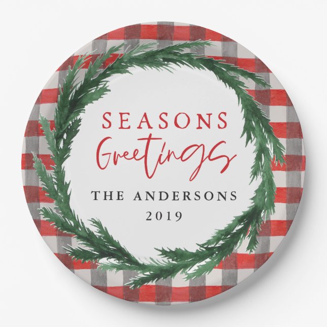 Watercolor wreath + check Christmas holiday Paper Plate (Front)