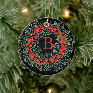 Watercolor Wreath Christmas Ceramic Ornament