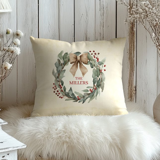  Watercolor Wreath Christmas  Cushion (Watercolor Eucalyptus Christmas Wreath Custom Pillow)