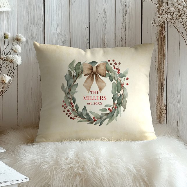  Watercolor Wreath Christmas  Cushion (Watercolor Wreath with Bow Custom Name and Established Date Christmas Pillow)
