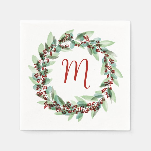 Watercolor Wreath Christmas Napkins (Front)