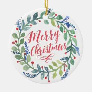 Watercolor Wreath Christmas Photo Ceramic Tree Decoration