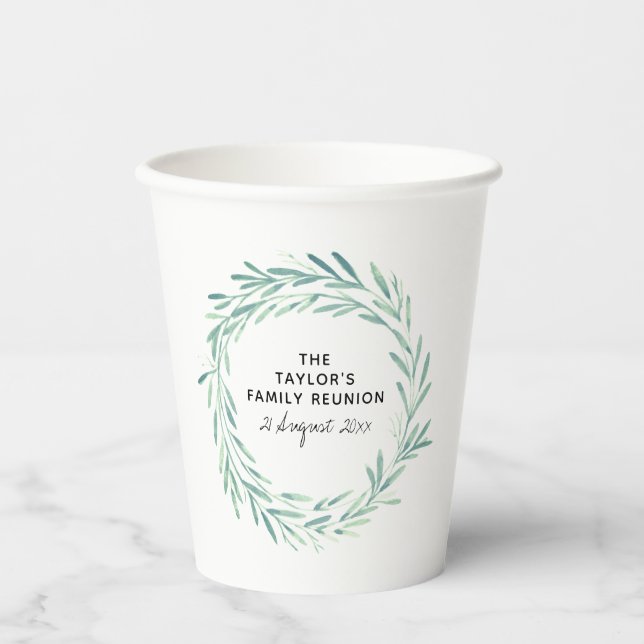 Watercolor Wreath Family Reunion BBQ Picnic Paper Cups (Front)