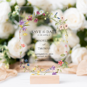 Watercolor Wreath Floral Wedding Save The Date Acrylic Invitations