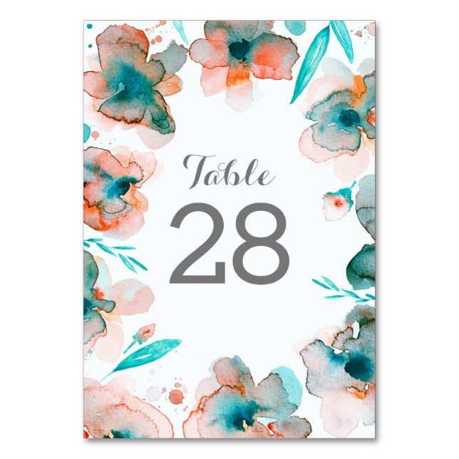 Watercolor Wreath Floral Wedding Table Numbers (Front)