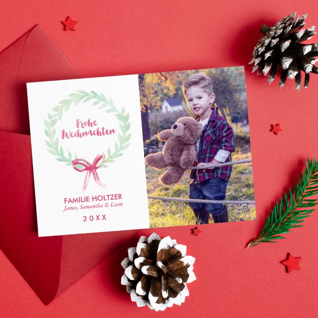 Watercolor Wreath Frohe Weihnachten Photo Holiday Card (Creator Uploaded)
