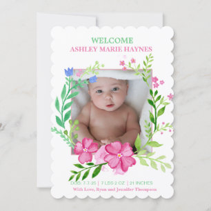 Watercolor Wreath Girls Photo Baby Announcement