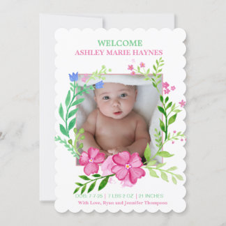 Watercolor Wreath Girls Photo Baby Announcement