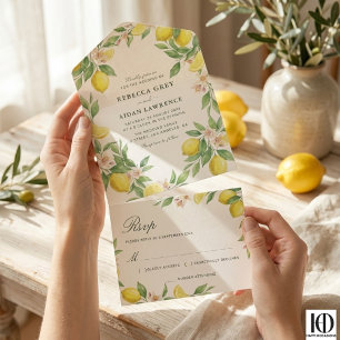Watercolor Wreath Mediterranean Citrus Wedding All In One Invitation