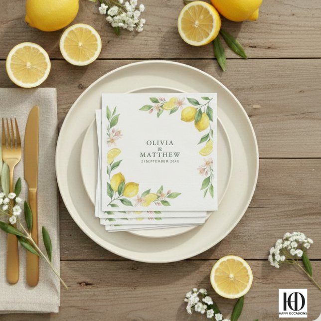 Watercolor Wreath Mediterranean Citrus Wedding Napkin (Creator Uploaded)