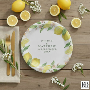 Watercolor Wreath Mediterranean Citrus Wedding Paper Plate