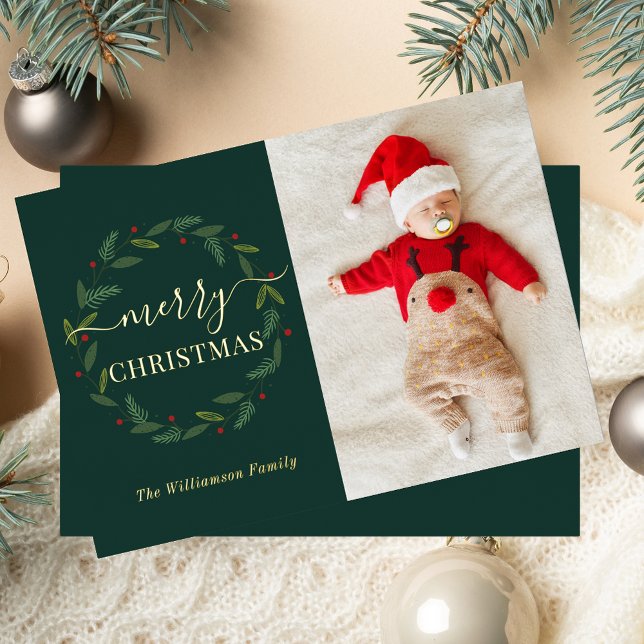 Watercolor Wreath Merry Christmas Baby Photo (Watercolor Wreath Merry Christmas Baby Photo Foil Holiday Card)