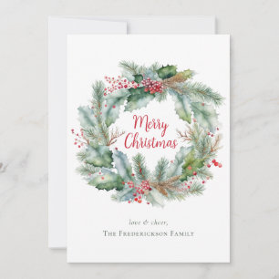 Watercolor Wreath Merry Christmas Personalised Holiday Card