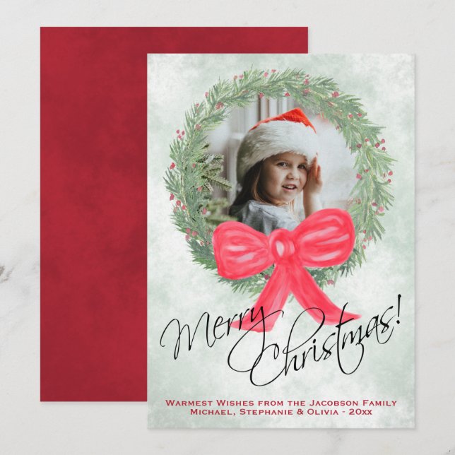 Watercolor Wreath Merry Christmas Photo Frame Holiday Card (Front/Back)