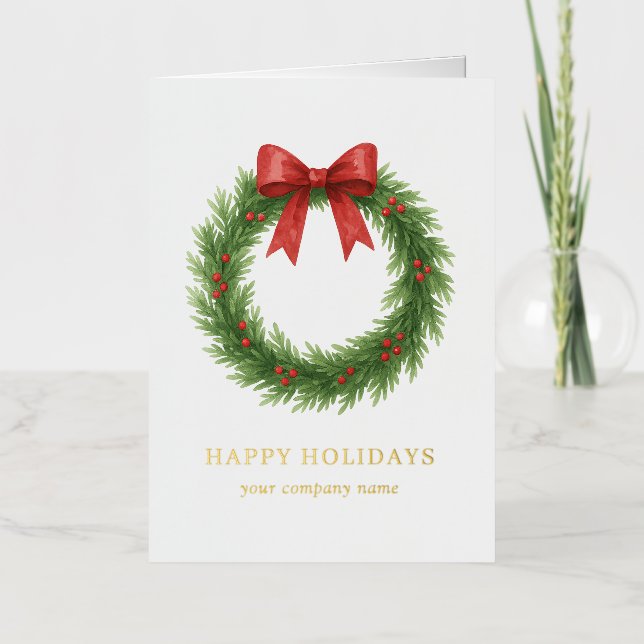 Watercolor Wreath Modern Business Christmas Foil Holiday Card (Front)