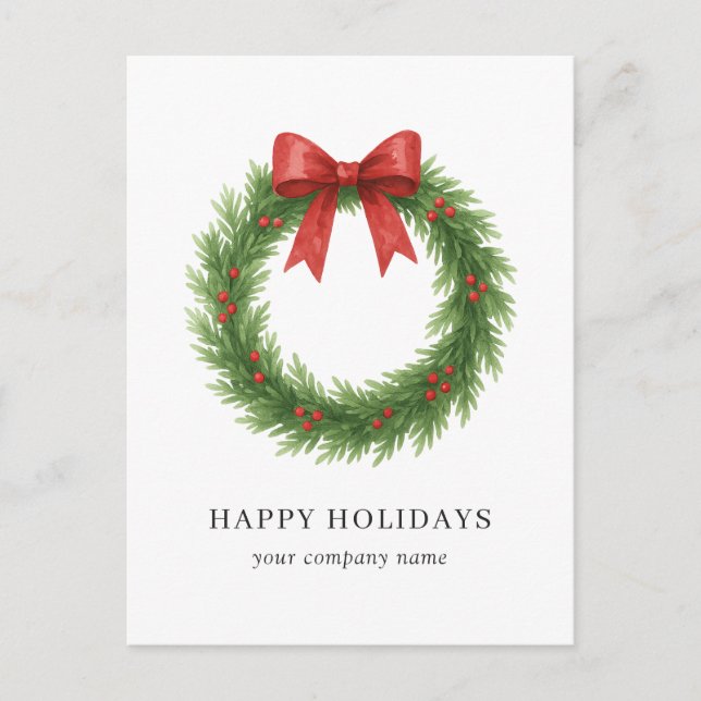Watercolor Wreath Modern Business Christmas Holiday Postcard (Front)