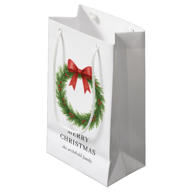 Watercolor Wreath Modern Christmas Small Gift Bag (Front Angled)
