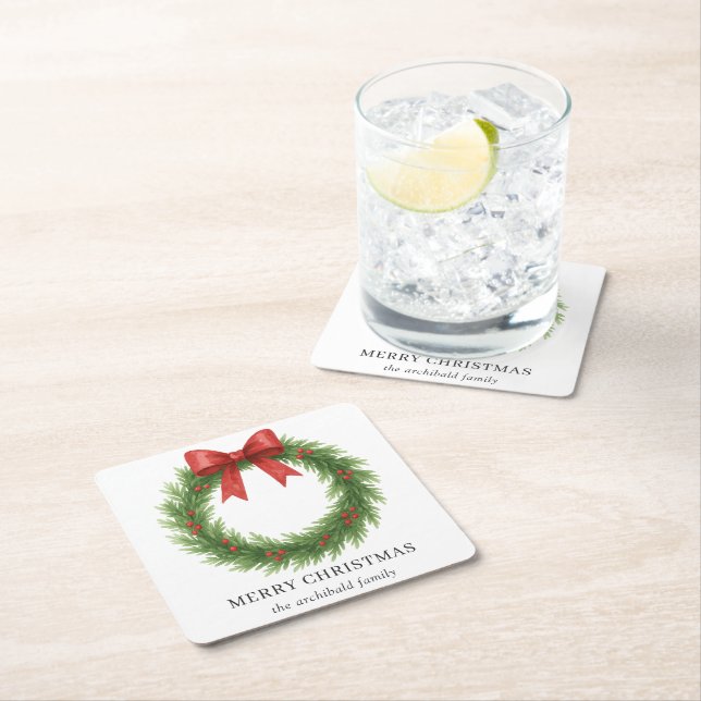 Watercolor Wreath Modern Christmas Square Paper Coaster (Insitu)