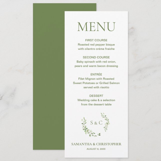 Watercolor Wreath Monogram Custom wedding Menu (Front/Back)