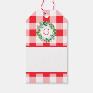 Watercolor Wreath MONOGRAM Red Check Blank Gift Tags