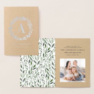 Watercolor wreath one photo monogram foil card