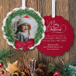 Watercolor Wreath Photo Frame Merry Christmas Tree Decoration Card<br><div class="desc">These beautiful ornament cards are a wonderful way to send holiday greetings that can be displayed directly on the Christmas tree! The simple yet fun design features a hand painted watercolor wreath with your photo inside. The back is a gorgeous deep red colour with the title "Merry Christmas" written in...</div>