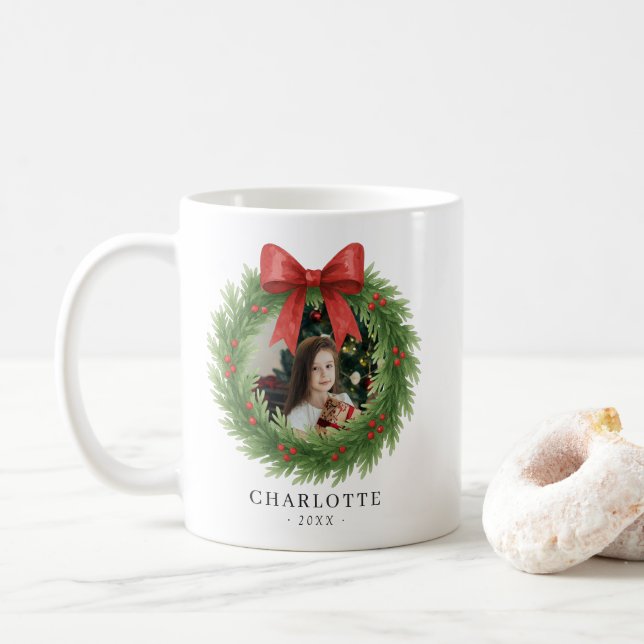 Watercolor Wreath Photo Modern Christmas Coffee Mug (With Donut)