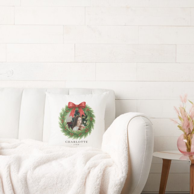 Watercolor Wreath Photo Modern Christmas Cushion (Couch)