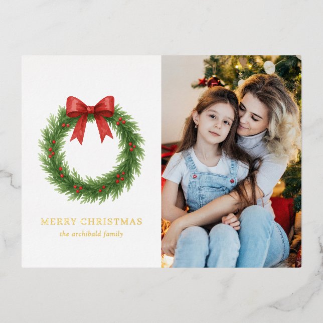 Watercolor Wreath Photo Modern Christmas Foil Holiday Postcard (Front)