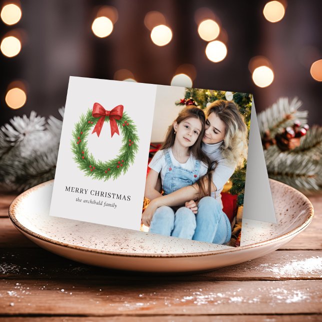 Watercolor Wreath Photo Modern Christmas Holiday Card (Creator Uploaded)
