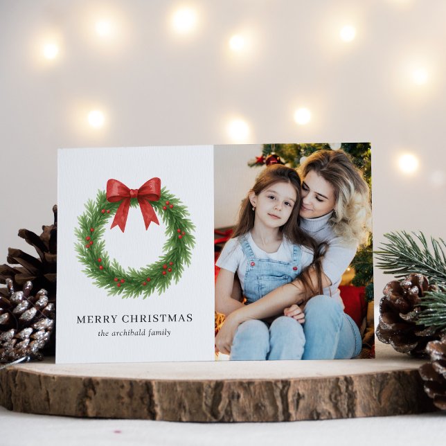 Watercolor Wreath Photo Modern Christmas Holiday Card (Creator Uploaded)