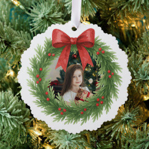 Watercolor Wreath Photo Modern Christmas Tree Decoration Card