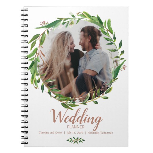 Watercolor Wreath Photo Wedding Planner Notebook (Front)
